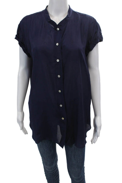 Calypso Saint Barth Womens Short Sleeve Button Front Silk Shirt Navy Size Medium