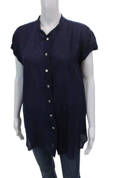 Calypso Saint Barth Womens Short Sleeve Button Front Silk Shirt Navy Size Medium