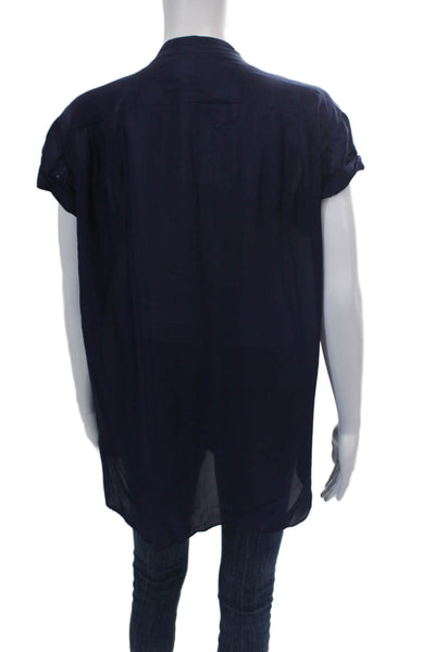 Calypso Saint Barth Womens Short Sleeve Button Front Silk Shirt Navy Size Medium