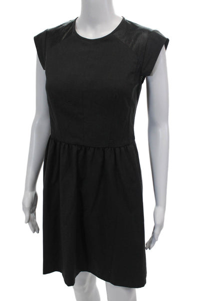 Rebecca Taylor Womens Leather Short Rolled Sleeves A Line Dress Black Size 2