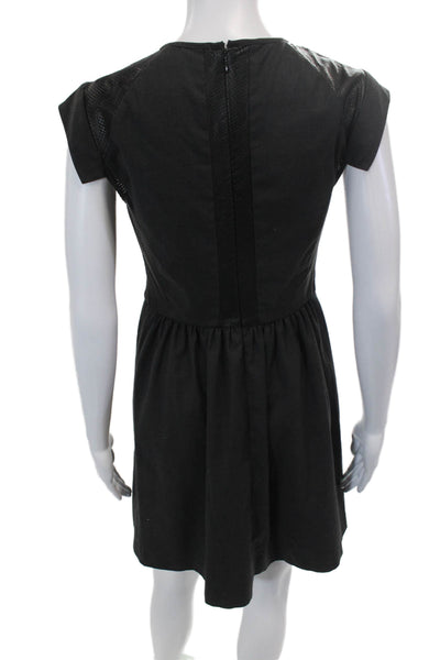 Rebecca Taylor Womens Leather Short Rolled Sleeves A Line Dress Black Size 2