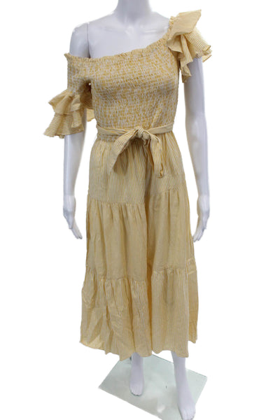 Saylor Womensa Striped Short Sleeves Belted Sun Dress Yellow White Size Small