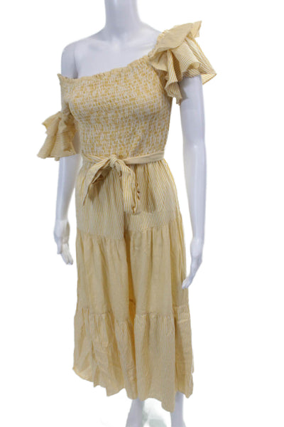 Saylor Womensa Striped Short Sleeves Belted Sun Dress Yellow White Size Small