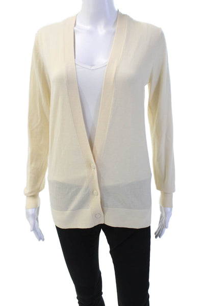 Theory Womens Wool Button Down Deep V-Neck Long Sleeve Cardigan Beige Size S