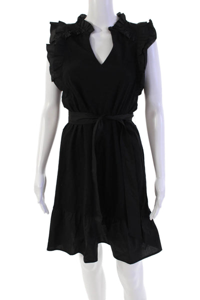 Melissa Nepton Womens Cotton Pleated Ruffle Trim V-Neck Dress Black Size PS