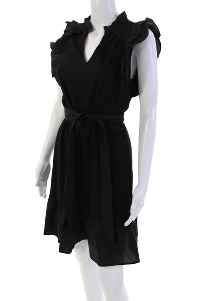 Melissa Nepton Womens Cotton Pleated Ruffle Trim V-Neck Dress Black Size PS