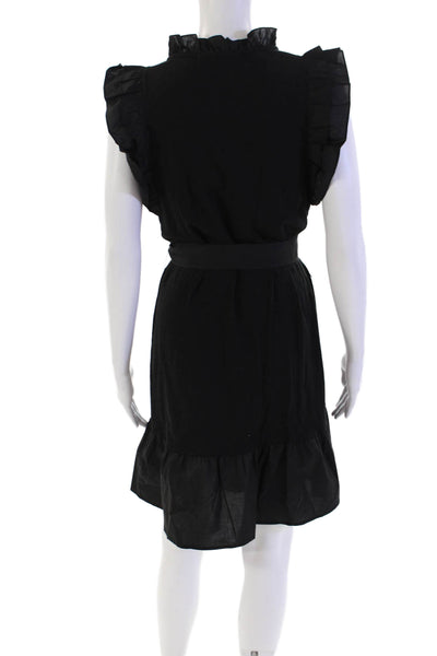 Melissa Nepton Womens Cotton Pleated Ruffle Trim V-Neck Dress Black Size PS