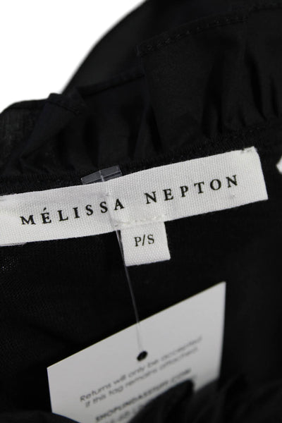Melissa Nepton Womens Cotton Pleated Ruffle Trim V-Neck Dress Black Size PS