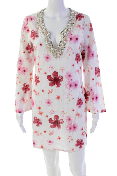 Maaj Womens Long Sleeve Embellished V Neck Floral Tunic Top White Pink Medium