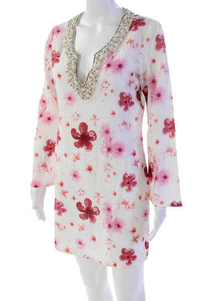 Maaj Womens Long Sleeve Embellished V Neck Floral Tunic Top White Pink Medium