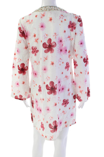 Maaj Womens Long Sleeve Embellished V Neck Floral Tunic Top White Pink Medium