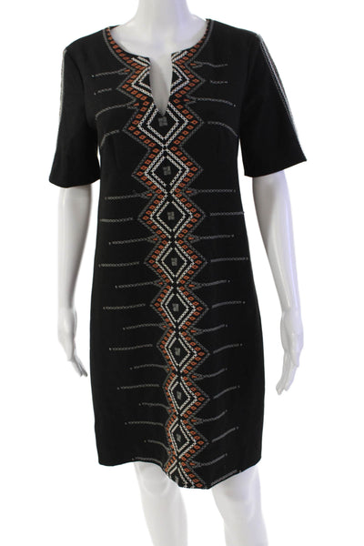 Nanette Lepore Womens Back Zip Short Sleeve Embroidered Mini Dress Black Size 2