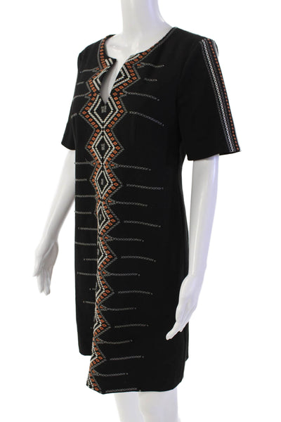 Nanette Lepore Womens Back Zip Short Sleeve Embroidered Mini Dress Black Size 2