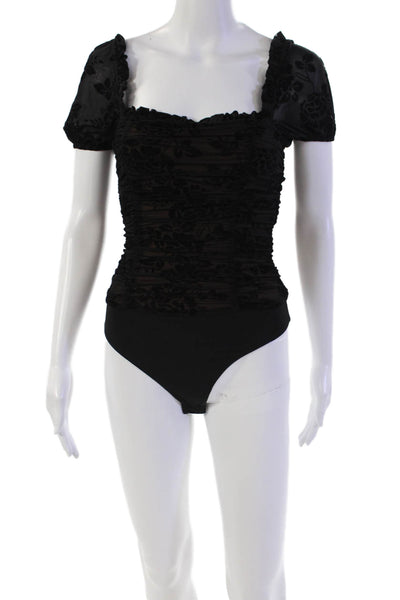 Majorelle Womens Off The Shoulder Ruched Velvet Floral Bodysuit Black Size XXS