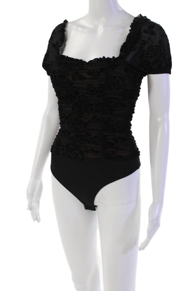 Majorelle Womens Off The Shoulder Ruched Velvet Floral Bodysuit Black Size XXS