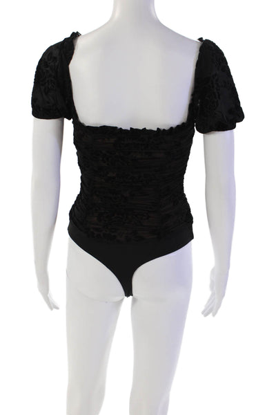 Majorelle Womens Off The Shoulder Ruched Velvet Floral Bodysuit Black Size XXS