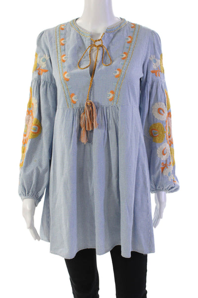 Zara Woman Womens Cotton Gingham Print Embroidered Tunic Top Blue Size XS