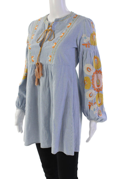 Zara Woman Womens Cotton Gingham Print Embroidered Tunic Top Blue Size XS