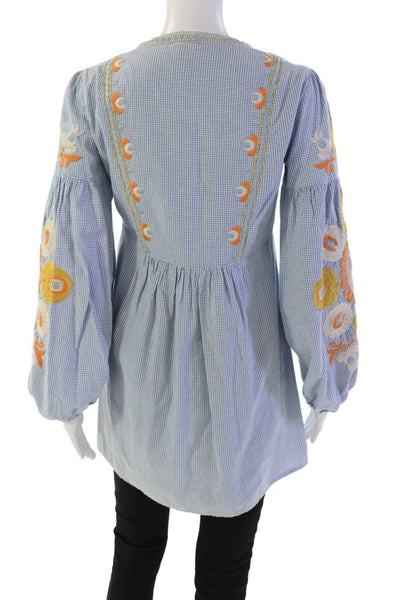 Zara Woman Womens Cotton Gingham Print Embroidered Tunic Top Blue Size XS