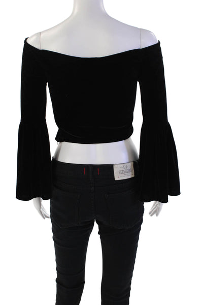 Robertson + Rodeo Off The Shoulder Velvet Cropped Bell Sleeve Top Black Size XS