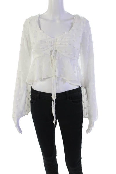Lovers + Friends Womens Sheer Spotted Tie Detail Cropped Blouse White Size XXS
