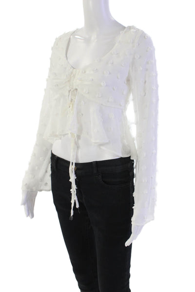 Lovers + Friends Womens Sheer Spotted Tie Detail Cropped Blouse White Size XXS