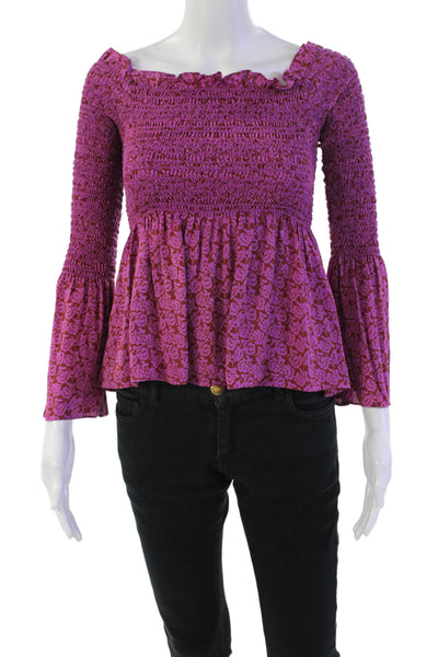 ALC Womens Silk Off The Shoulder Smocked Flared Sleeve Blouse Pink Size 0