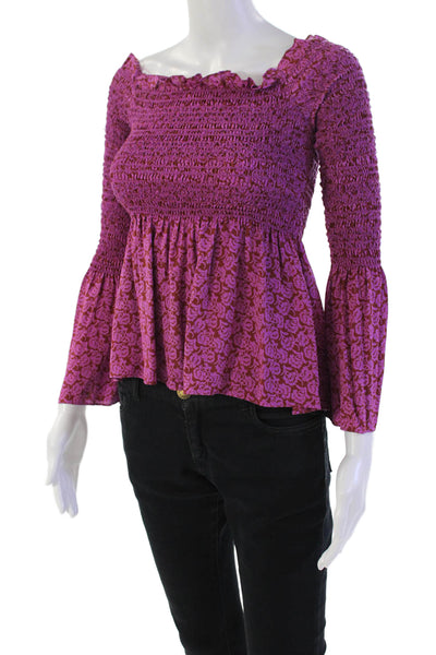 ALC Womens Silk Off The Shoulder Smocked Flared Sleeve Blouse Pink Size 0