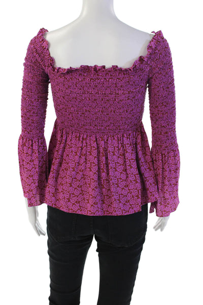 ALC Womens Silk Off The Shoulder Smocked Flared Sleeve Blouse Pink Size 0