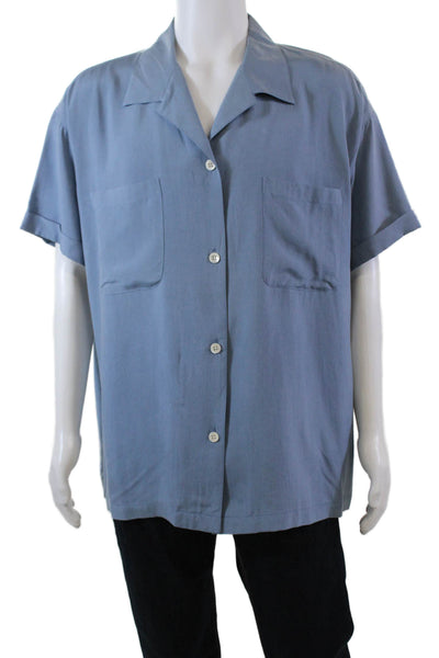 Saks Fifth Avenue Womens Silk Button Down Short Sleeve Shirt Blue Size 44