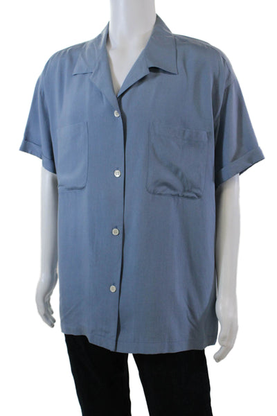 Saks Fifth Avenue Womens Silk Button Down Short Sleeve Shirt Blue Size 44