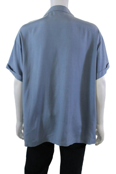 Saks Fifth Avenue Womens Silk Button Down Short Sleeve Shirt Blue Size 44