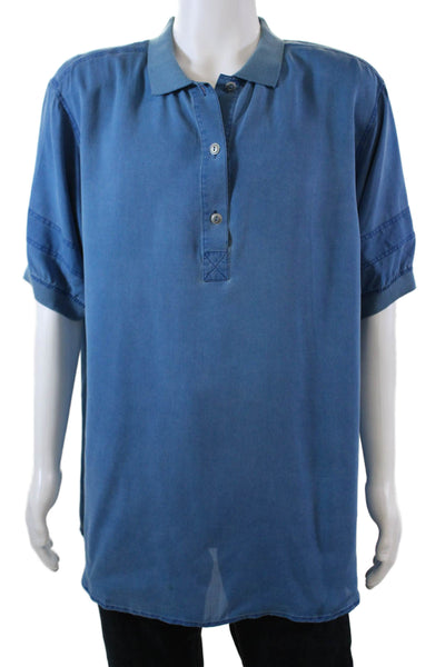 Saks Fifth Avenue Silk Half Button Short Sleeve Down Collared Shirt Blue Size XL