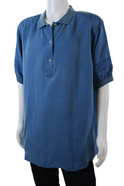 Saks Fifth Avenue Silk Half Button Short Sleeve Down Collared Shirt Blue Size XL