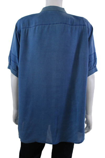 Saks Fifth Avenue Silk Half Button Short Sleeve Down Collared Shirt Blue Size XL