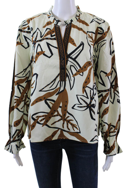Maude Vivante Womens Long Sleeve V Neck Abstract Blouse White Brown Size XL