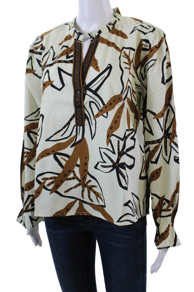 Maude Vivante Womens Long Sleeve V Neck Abstract Blouse White Brown Size XL
