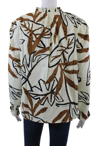 Maude Vivante Womens Long Sleeve V Neck Abstract Blouse White Brown Size XL