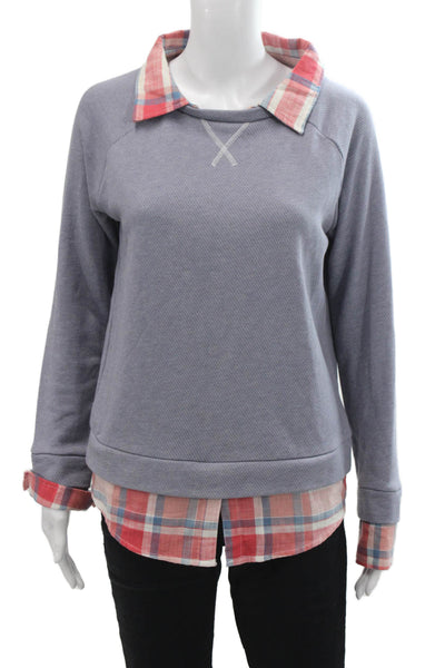Soft Joie Womens Cotton Blend Plaid Pullover Sweatshirt Top Blue Size XS