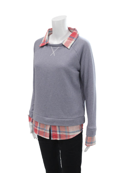 Soft Joie Womens Cotton Blend Plaid Pullover Sweatshirt Top Blue Size XS