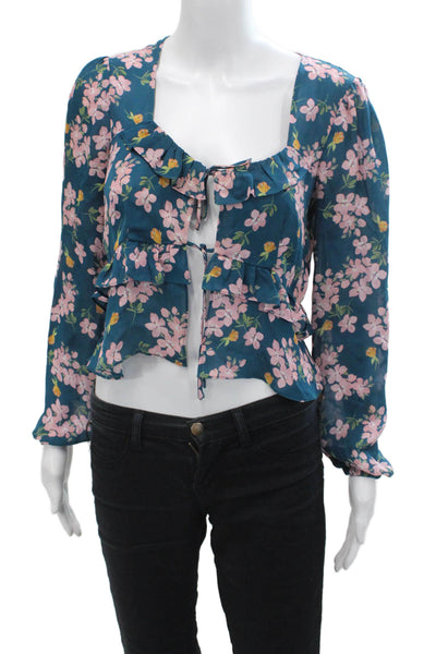 Intermix Womens Silk Floral Print Tie Up Long Sleeve Blouse Top Blue Size 2