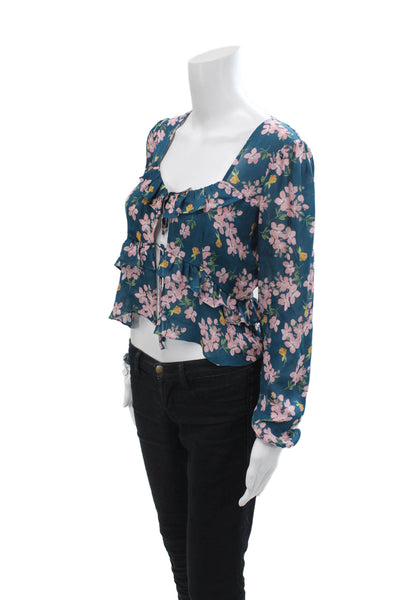 Intermix Womens Silk Floral Print Tie Up Long Sleeve Blouse Top Blue Size 2