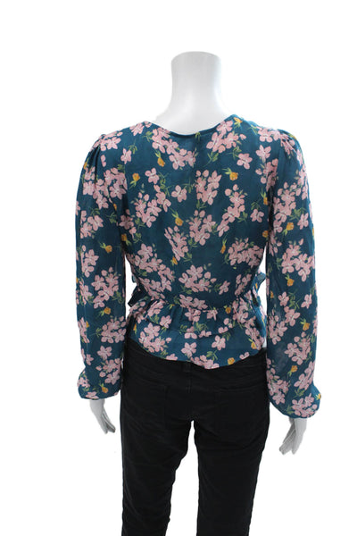 Intermix Womens Silk Floral Print Tie Up Long Sleeve Blouse Top Blue Size 2
