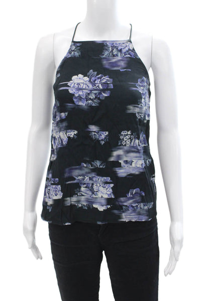 Tibi Womens High Neck Halter Sleeveless Floral Tank Top Purple Size 0