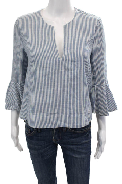 BCBG Max Azria Womens Striped Long Flare Sleeves Blouse Blue White Size Small