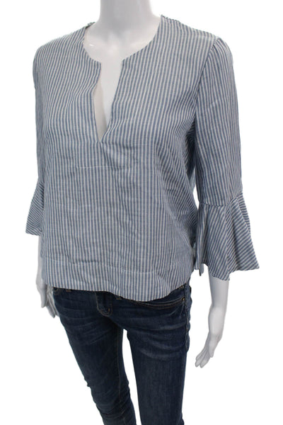 BCBG Max Azria Womens Striped Long Flare Sleeves Blouse Blue White Size Small