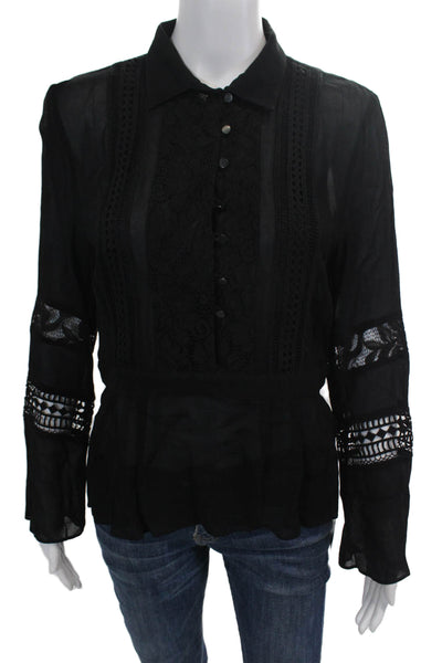 Artelier Nicole Miller Womens Silk Lace Button Down Blouse Black Size Small