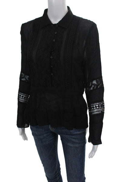 Artelier Nicole Miller Womens Silk Lace Button Down Blouse Black Size Small