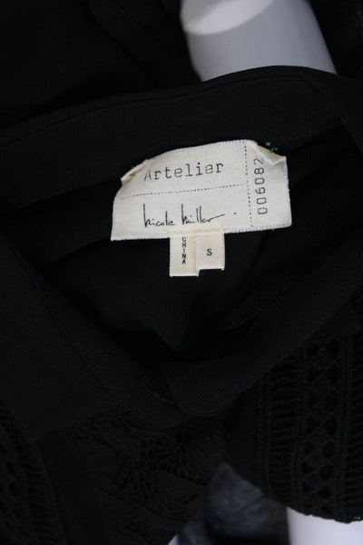 Artelier Nicole Miller Womens Silk Lace Button Down Blouse Black Size Small