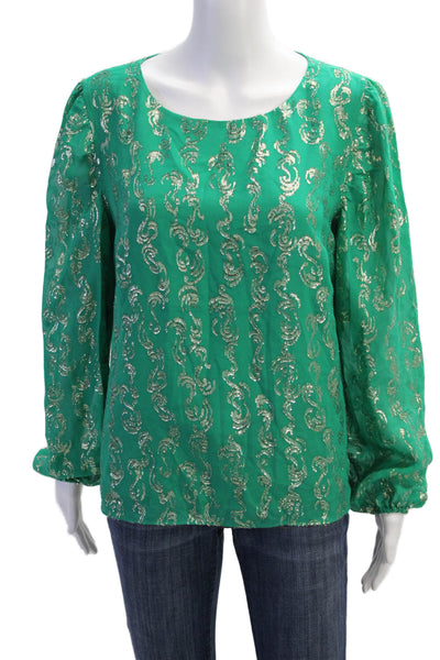 Lily Pulitzer Womens Silk Metallic Print Peasant Sleeve Blouse Green Size M
